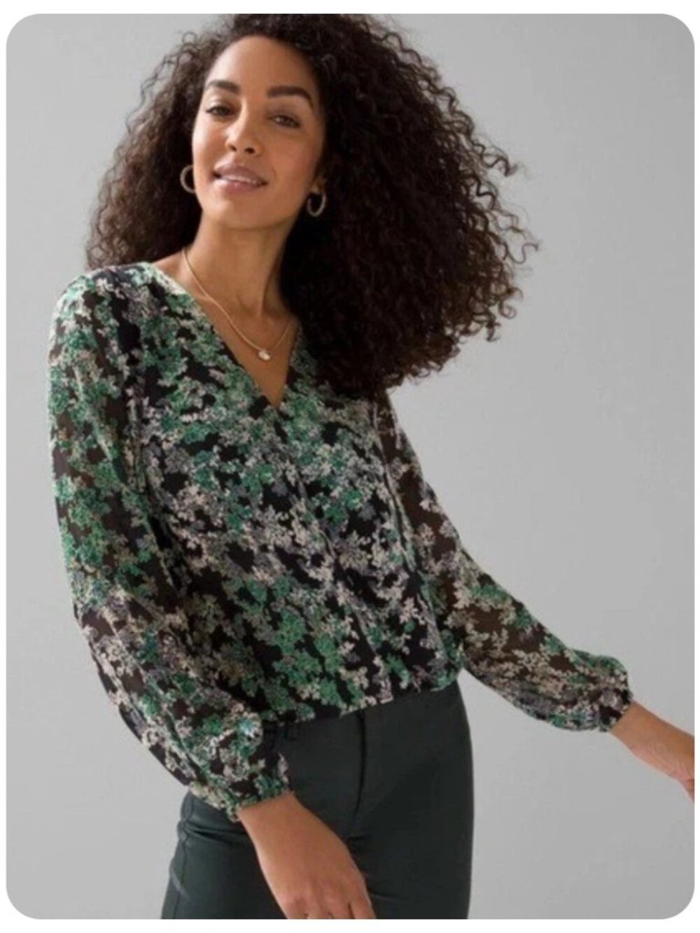 White House Black Market Little Leaf Burnout Long Sleeve Surplice Blouse sz M
